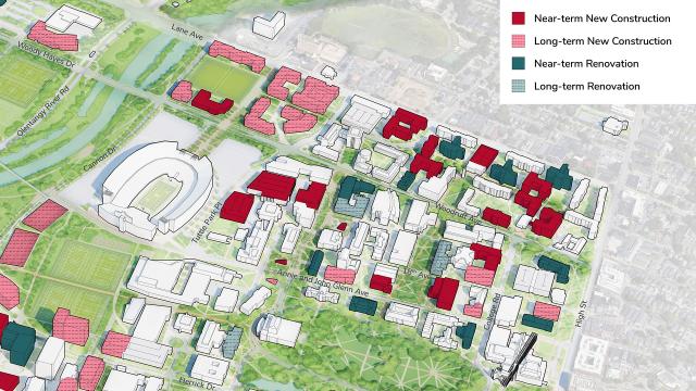 Map rendering of the proposed Core North district on The Ohio State Campus. A detailed list of construction and renovation projects are in the dropdowns below.