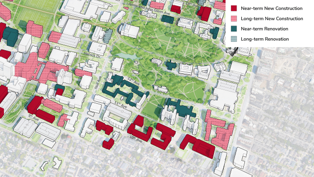 Map rendering of the proposed Core South district on The Ohio State Campus. A detailed list of construction and renovation projects are in the dropdowns below.