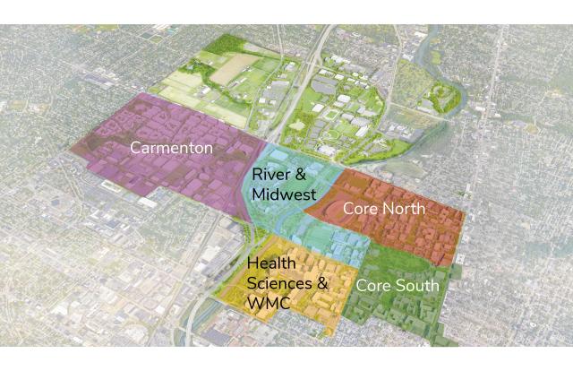 Campus aerial with color segments overlaid to show five districts: Carmenton, River & Midwest, Campus North, Campus South, and Health Sciences & WMC