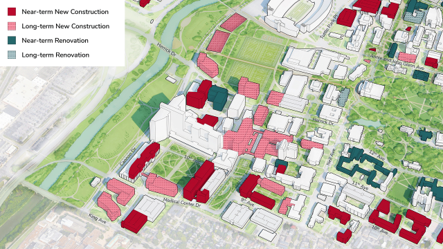 Map rendering of the proposed Health Sciences and Wexner Medical Center district on The Ohio State Campus. A detailed list of construction and renovation projects are in the dropdowns below.