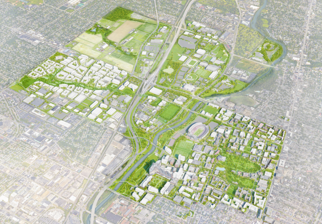 Aerial illustration of The Ohio State University campus with all Framework 3.0 improvements and new builds