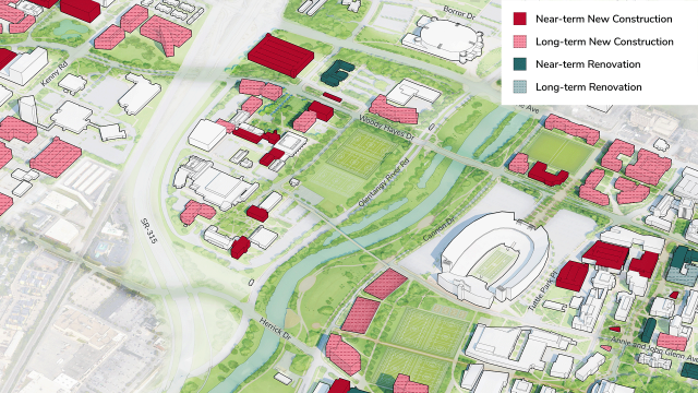 Map rendering of the proposed River and Midwest district on The Ohio State Campus. A detailed list of construction and renovation projects are in the dropdowns below.