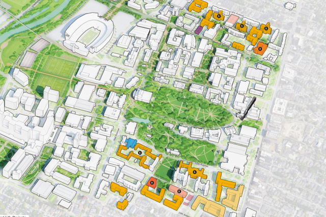 Rendering of proposed student life amenities and improvements on campus map