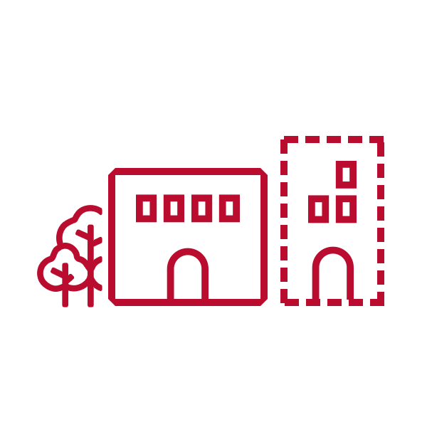 tile graphic of two buildings, one with a dotted outline representing planning