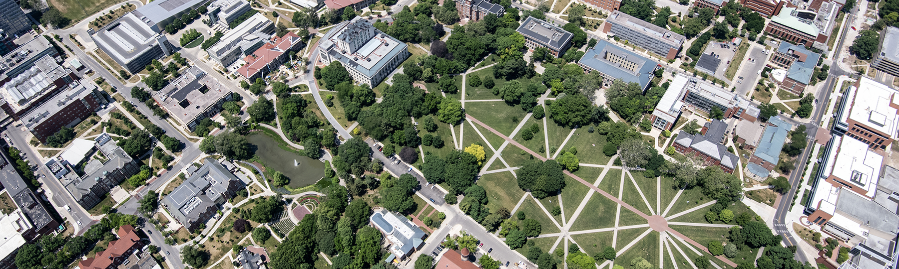 campus aerial image including mirror lake and oval