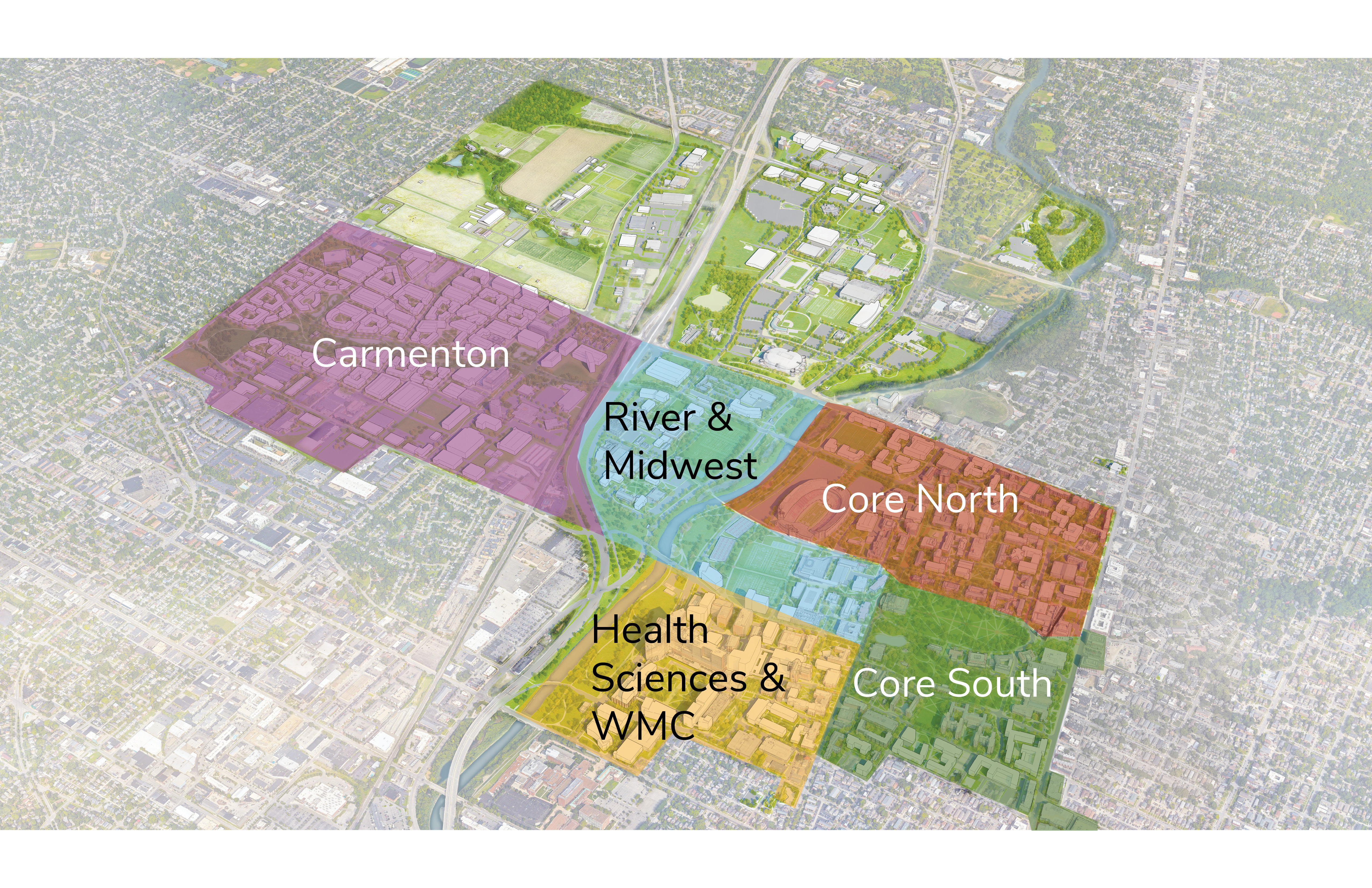 Campus aerial with color segments overlaid to show five districts: Carmenton, River &amp; Midwest, Campus North, Campus South, and Health Sciences &amp; WMC