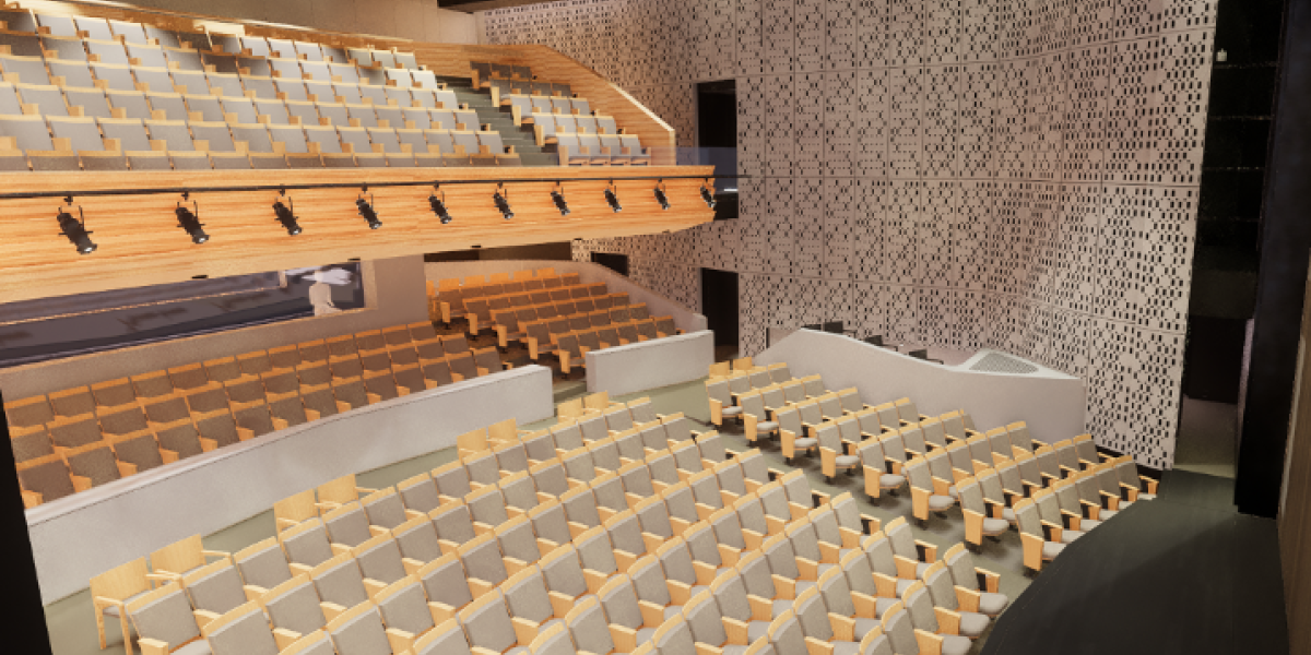 rendering of an auditorium in the arts district showing rows of theater seating