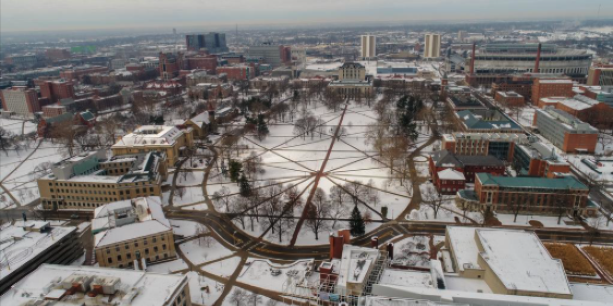 A snowy arial view of the Oval at Ohio State University