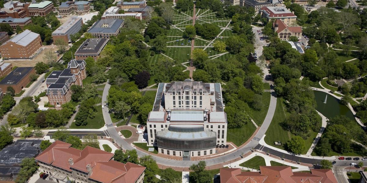 Aerial view of Thompson Library and The Oval, looking east
