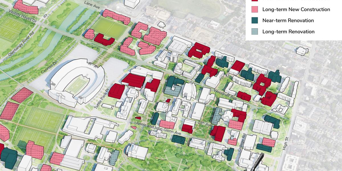 Map rendering of the proposed Core North district on The Ohio State Campus. A detailed list of construction and renovation projects are in the dropdowns below.