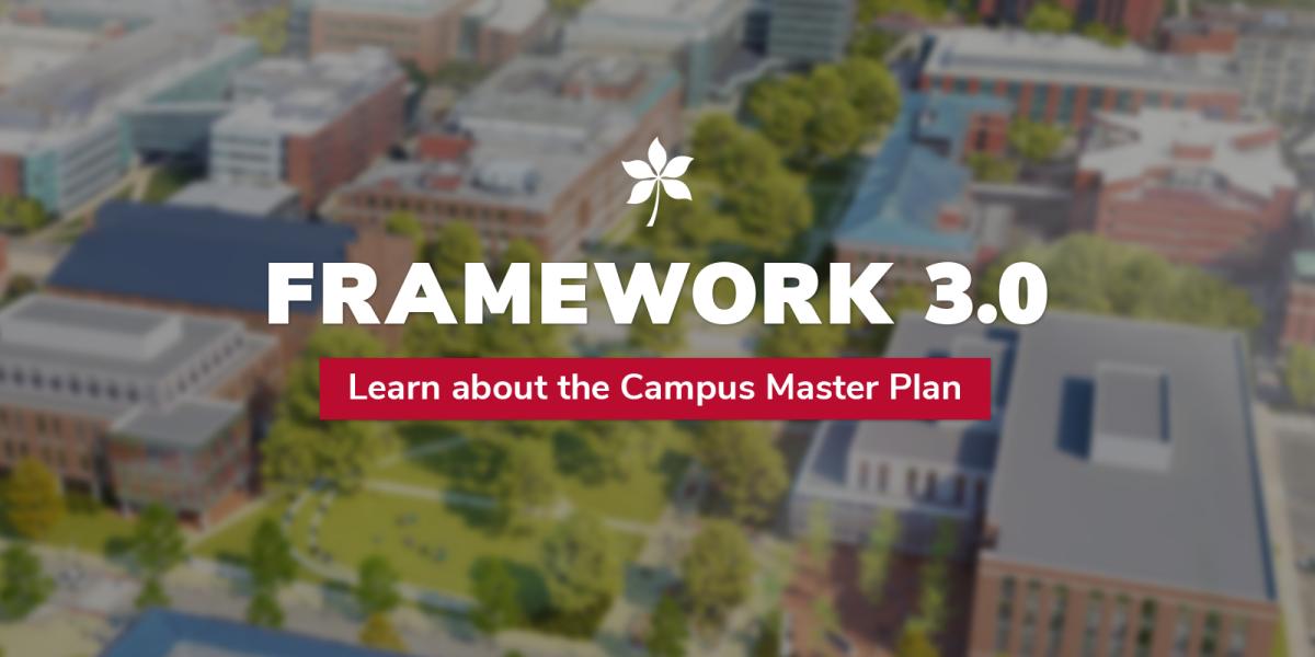 aerial of campus with framework text and buckeye leaf on top