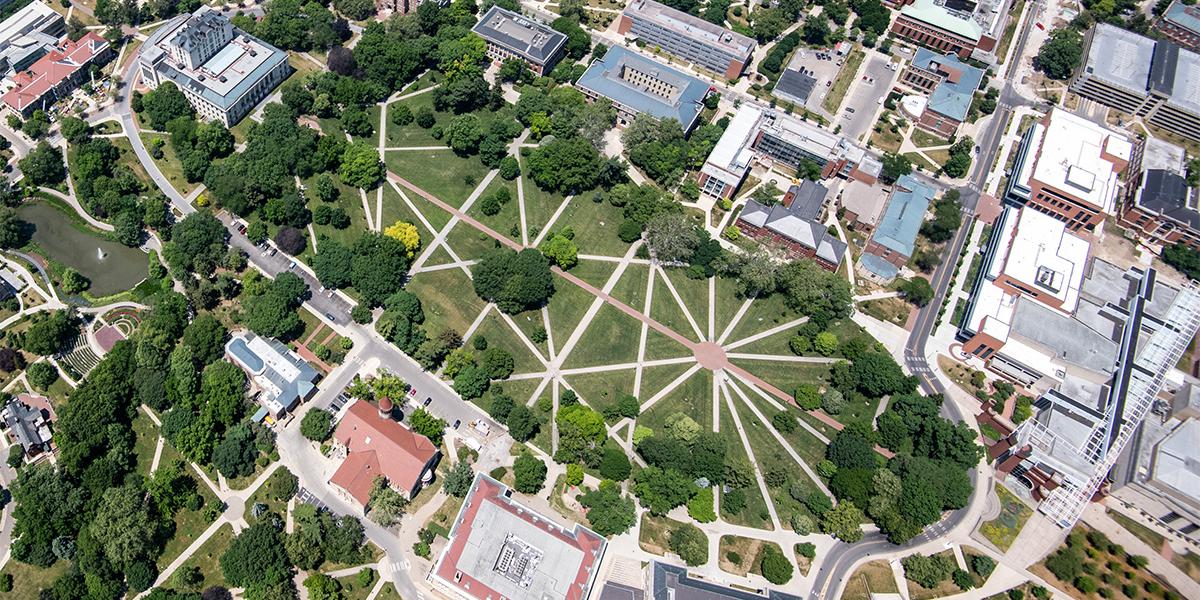 aerial of campus with a view of the oval