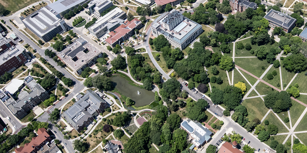 aerial of campus with a view of the oval