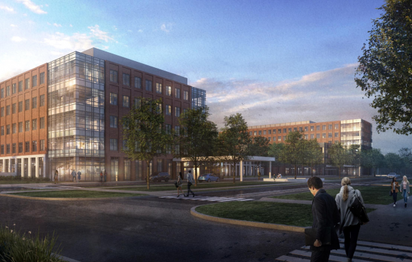 rendering of the hamilton road ambulatory facility showing a 5-story brick building at dusk