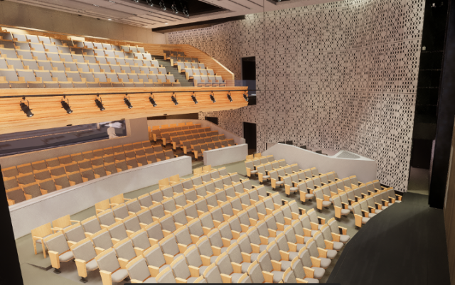 rendering of an auditorium in the arts district showing rows of theater seating