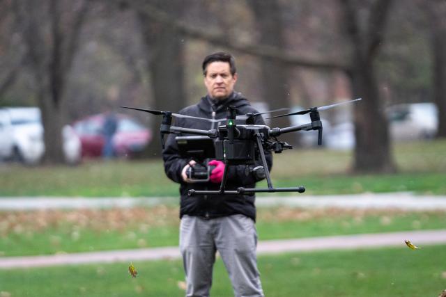 PARE's Aaron Kidwell, a senior GIS analyst, flies a drone
