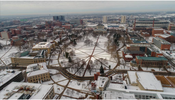 A snowy arial view of the Oval at Ohio State University