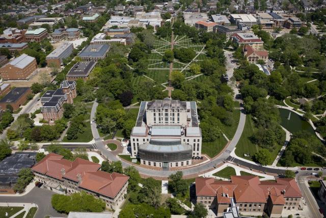 Aerial view of Thompson Library and The Oval, looking east