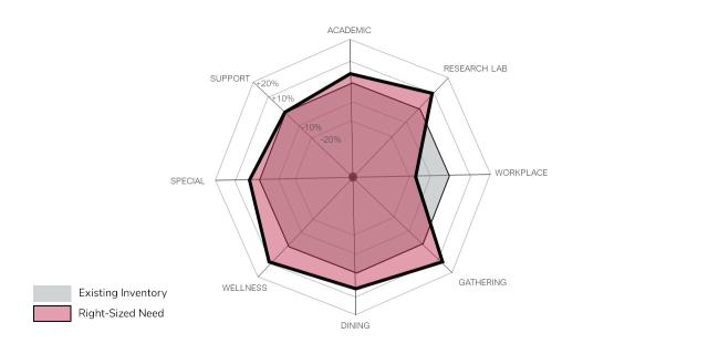 Existing space and right sized need spider diagram. Gray area show existing space amounts and pink area shows space needs