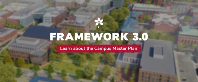 aerial of campus with framework text and buckeye leaf on top