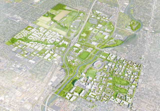 Aerial illustration of Ohio State's campus with Framework 3.0 improvements