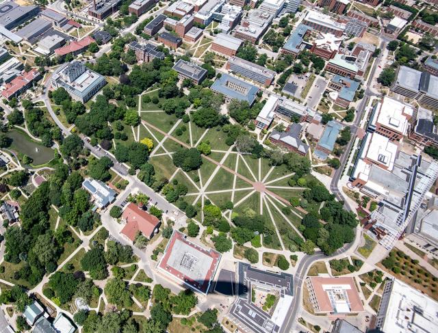 aerial of campus with a view of the oval