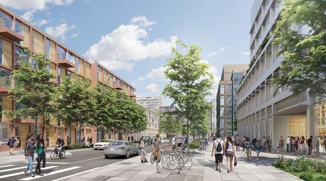 carmenton rendering with residential spaces, research facilities and people